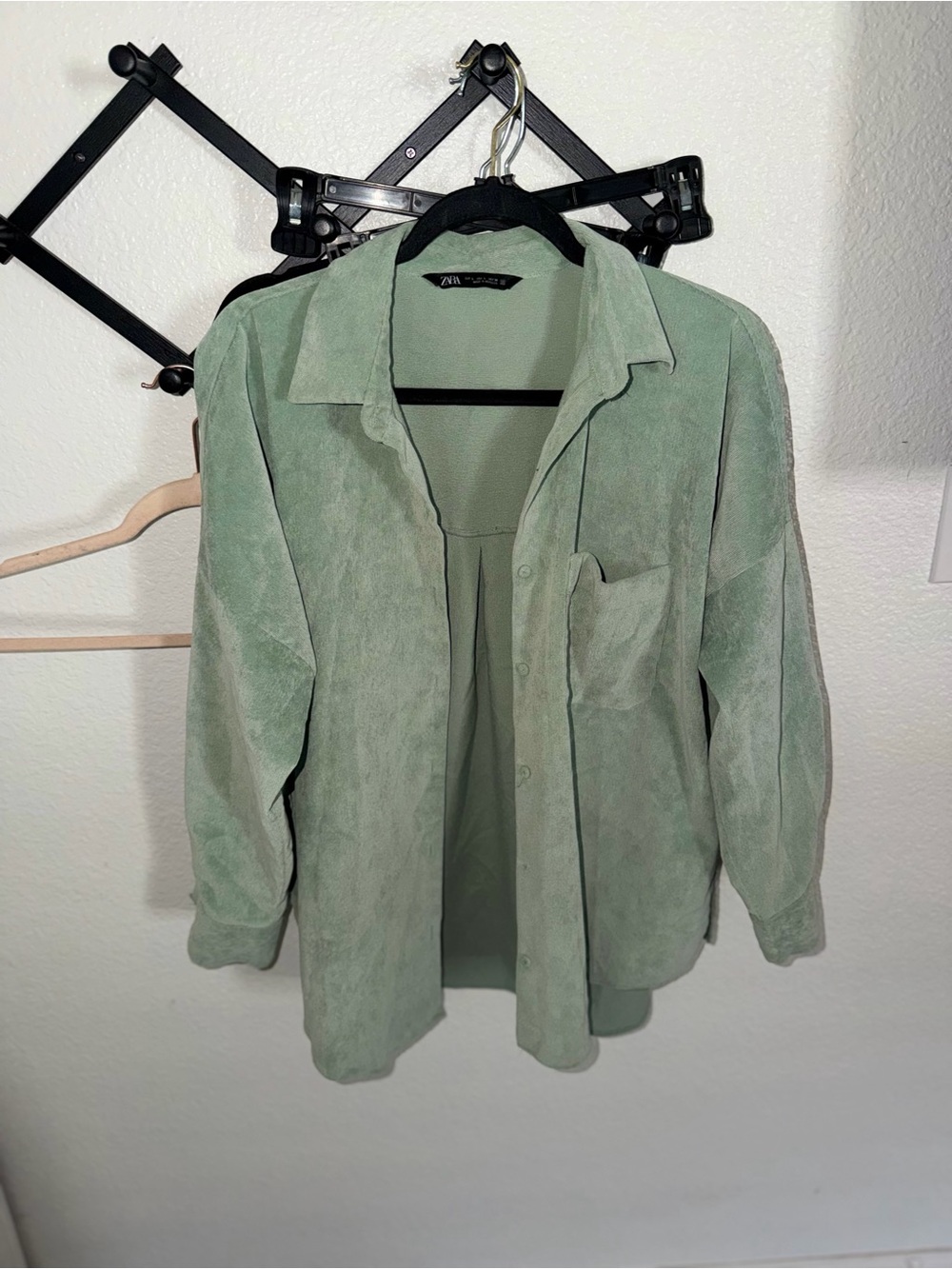 Zara Large Sage Green Textured Oversized Button Down Shirt Long Sleeve - Picture 2 of 4